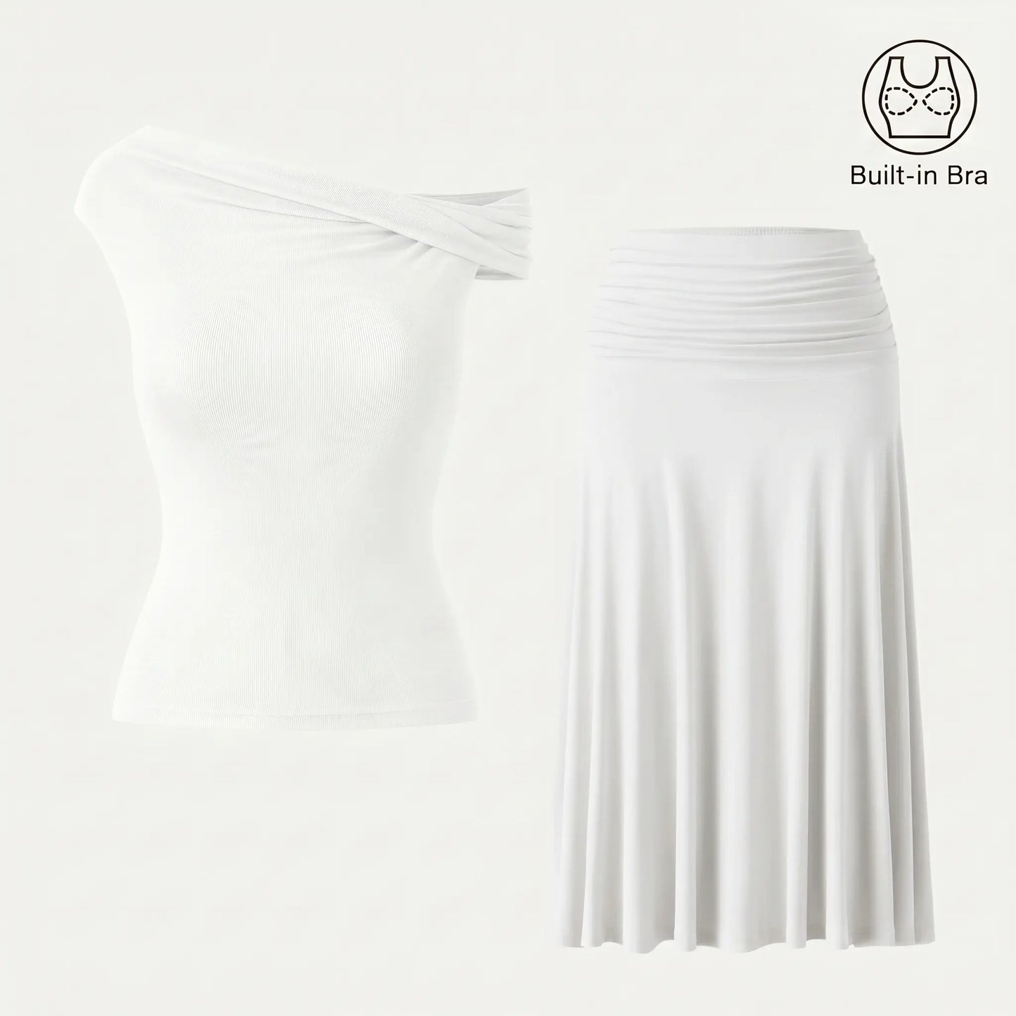 OGL Women'S 2-Piece Matching Skirt Set - Multi-Wear Versatile Neckline Brami Top with Built-In Bra, Flowy Side Ruched A-Line Midi Skirt, Skinkiss Fabric for Summer, Cute 2-Piece Sets for Women'S Clothes Trendy Fashion Style Trendy Look Fashionnova