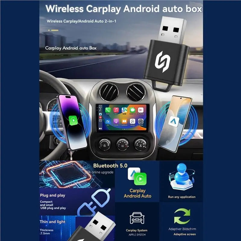 2In1 Wireless Carplay Android AUTO Smart AI Box USB Adapter Bluetooth 5.0 Intelligent Voice Wired to Wireless Carplay