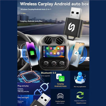 2In1 Wireless Carplay Android AUTO Smart AI Box USB Adapter Bluetooth 5.0 Intelligent Voice Wired to Wireless Carplay