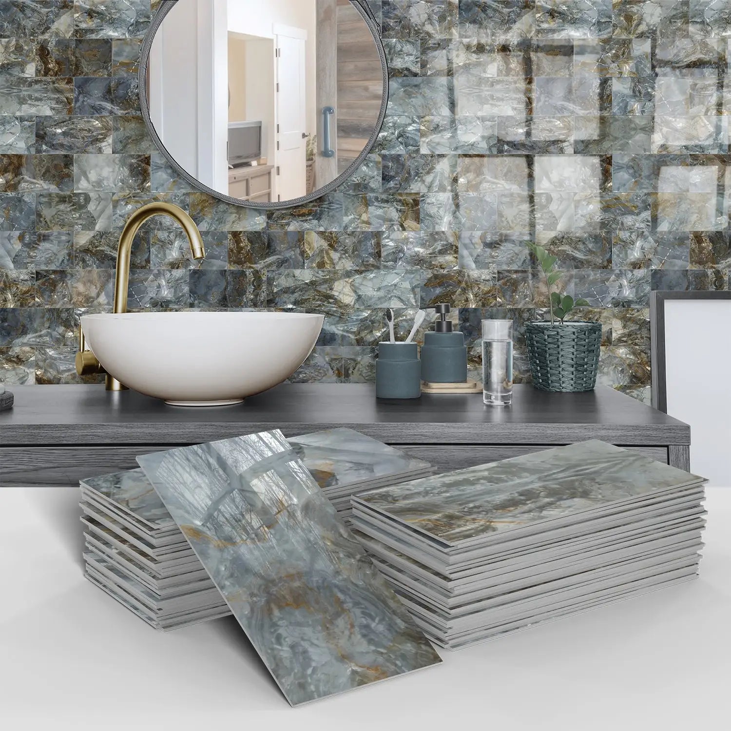 16/32/64PCS Marble Thicker Self-Adhesive Tile Stickers Waterproof Kitchen and Bathroom Minimalist Art 3D Wall Sticker Wallpaper