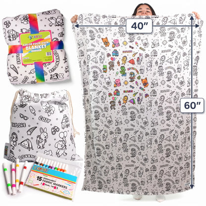 Craftikit Kids Coloring Sherpa Blanket - 60" by 40" Comfy and Cozy Fluffy Lightweight Blanket, Travel Animals Animal Fun Design, Fabric Markers, Travel Tote Bag, Custom Option, Kid-Made Sleepover Buddy Birthday Gift, Cozy Warm Blanket, Soft Blankets