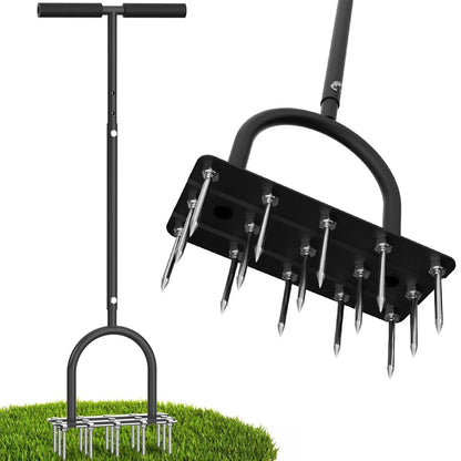 Lawn Aerator, Automatic Dirt and Leaf Clean Design, Heavy Duty Manual Lawn Aerator Tool with 15 Iron Spikes