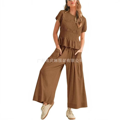 2 Pieces Set for Woman Cotton Pants Solid Long Trousers Two Piece Set Wide Leg Harem Pants Drawstring Casual Pants Blue Womens