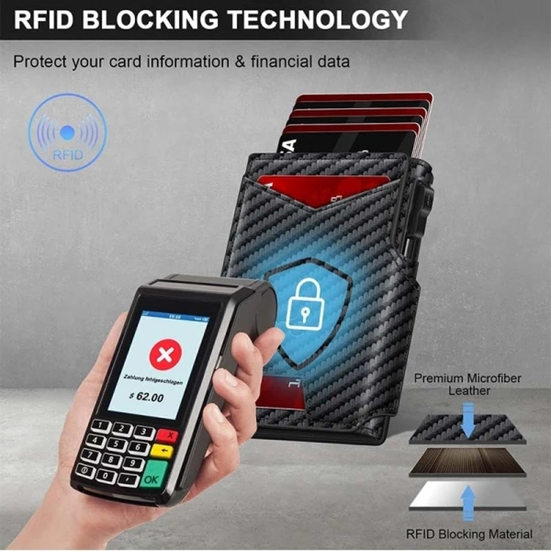 Men'S Black PU Leather Wallet Slim Bifold Magnetic Closure RFID Blocking Wallet with Pop up Metal Card Holder with Cash Strap
