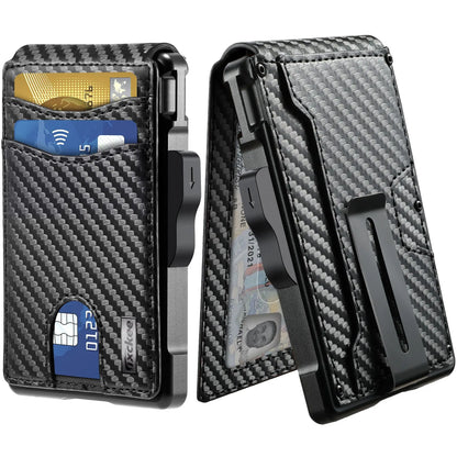 RFID Blocking Pop up Card Holder Wallet for Men Carbon Fiber Texture PU Leather Aluminum Slim Money Clip ID Window