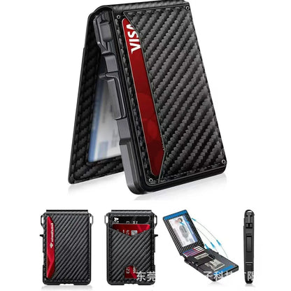 RFID Blocking Pop up Card Holder Wallet for Men Carbon Fiber Texture PU Leather Aluminum Slim Money Clip ID Window