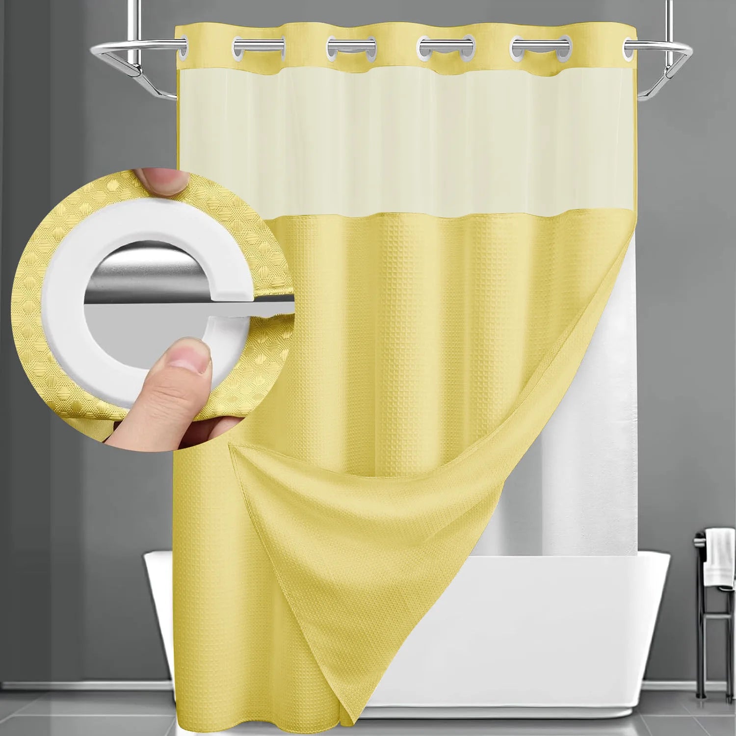 1PC Hookless Waffle Check Shower Curtain Hotel Grade Double Layer Waterproof Bathroom Shower Curtain Easy to Install 10 Colors