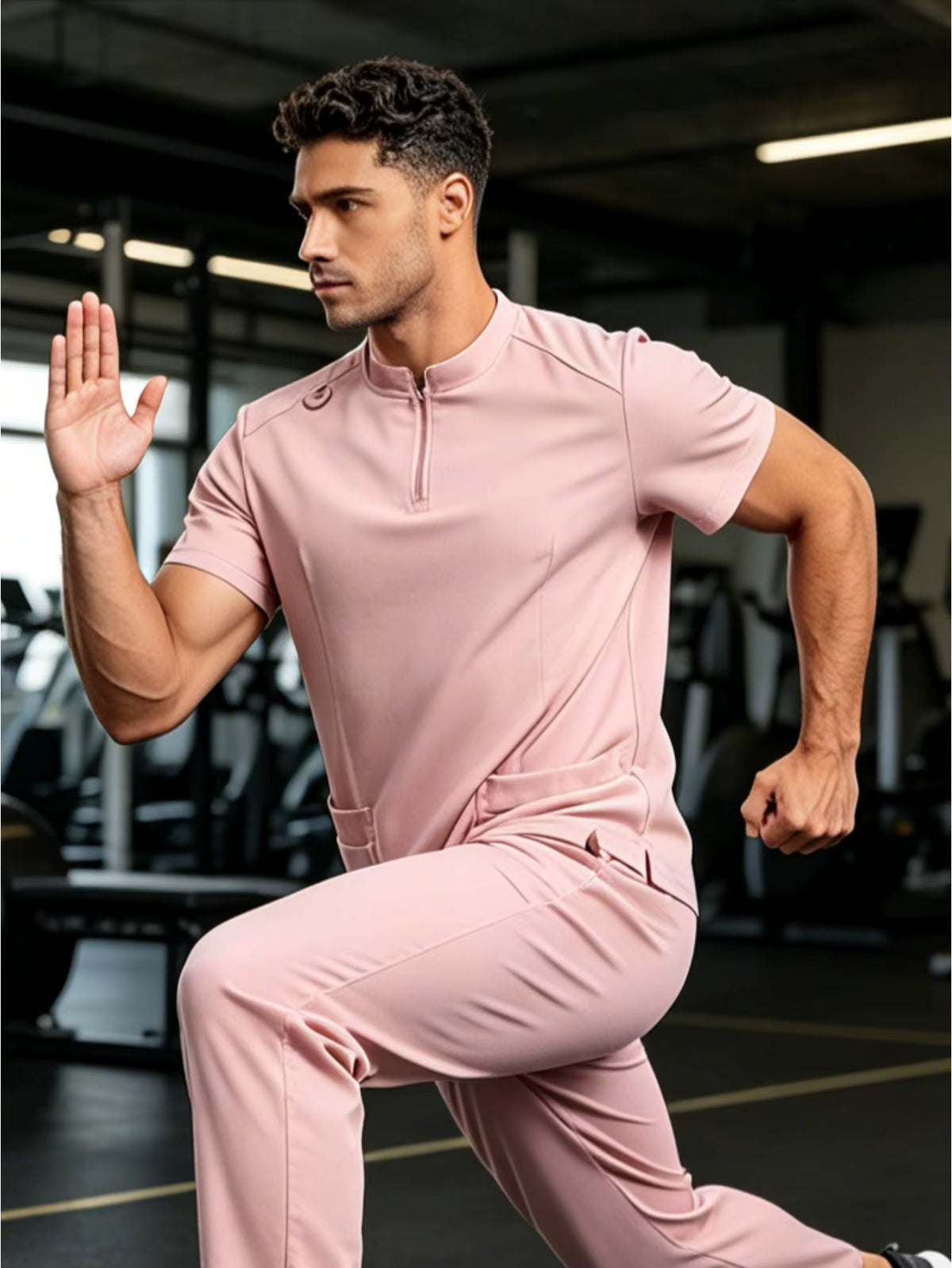 Mens Stand Collar Zip Front Scrub Set Workwear Straight Leg Pants Casual Gym Fitness Uniform Suit