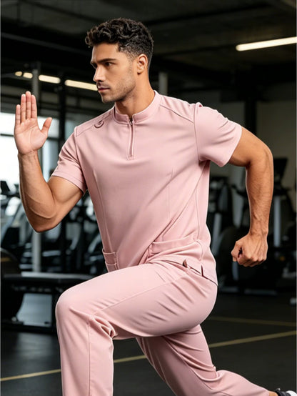 Mens Stand Collar Zip Front Scrub Set Workwear Straight Leg Pants Casual Gym Fitness Uniform Suit