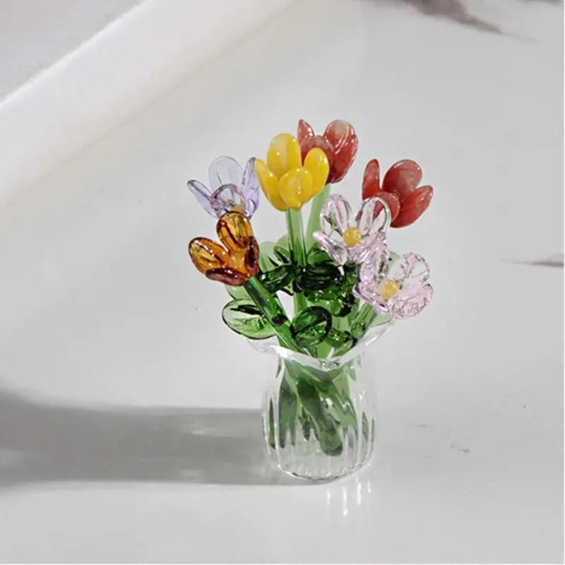 1 Set (8 Flowers + 1 Vase) Handcrafted Mini Glass Artificial Flower Ornaments, DIY Faux Flower Arrangement Bouquet, Decorative Mixed Flower Set for Gifting and Event Decorations, Faux Floral Decor, Artificial Flower Bouquets #GLOBAL PICKS