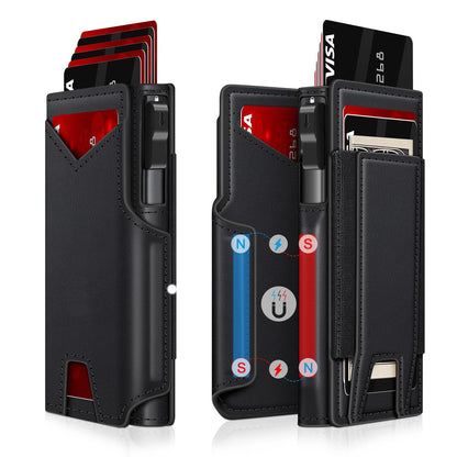 Men'S Black PU Leather Wallet Slim Bifold Magnetic Closure RFID Blocking Wallet with Pop up Metal Card Holder with Cash Strap