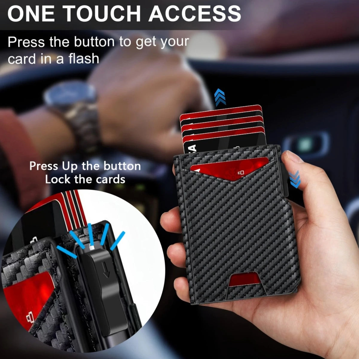 Men'S Black PU Leather Wallet Slim Bifold Magnetic Closure RFID Blocking Wallet with Pop up Metal Card Holder with Cash Strap