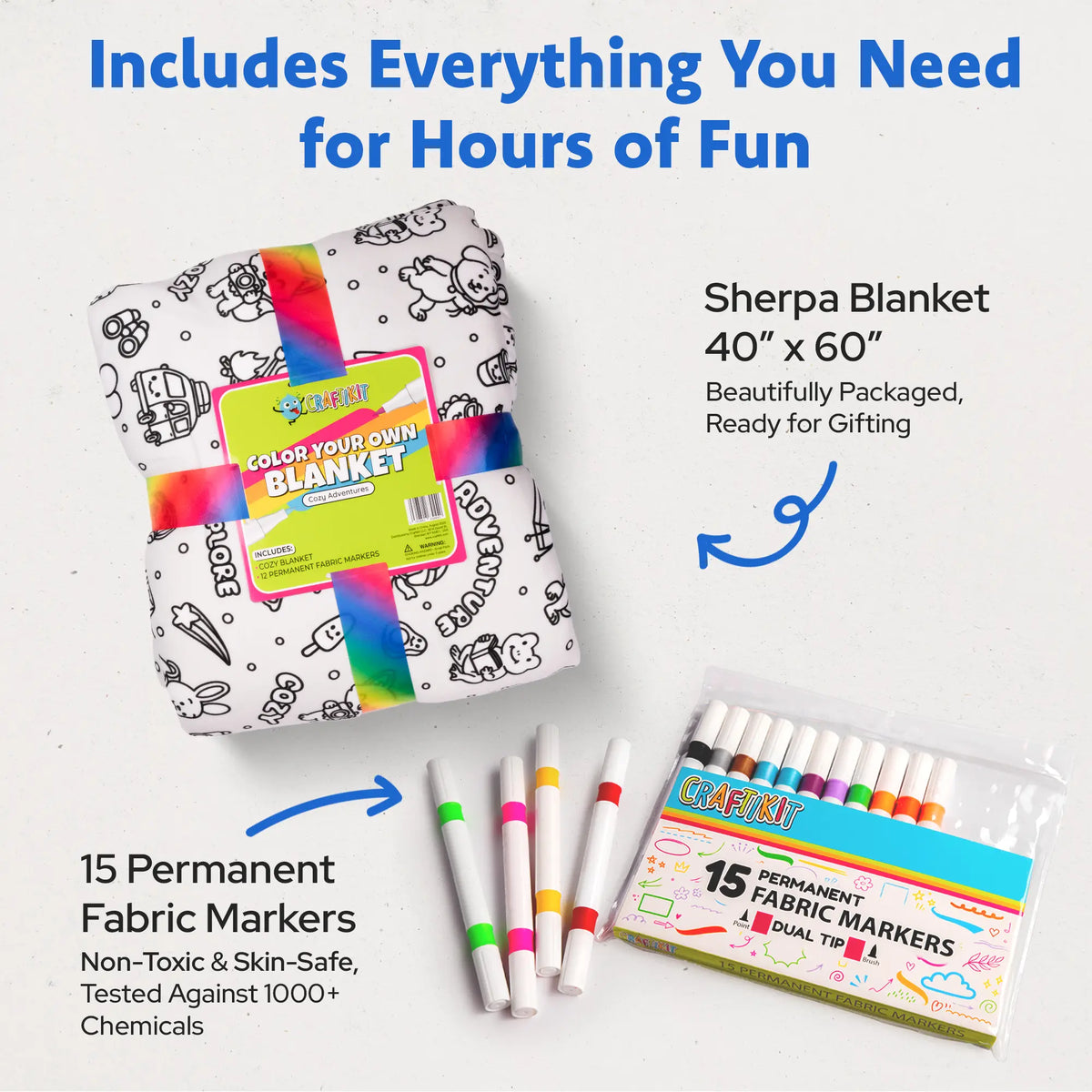 Craftikit Kids Coloring Sherpa Blanket - 60" by 40" Comfy and Cozy Fluffy Lightweight Blanket, Travel Animals Animal Fun Design, Fabric Markers, Travel Tote Bag, Custom Option, Kid-Made Sleepover Buddy Birthday Gift, Cozy Warm Blanket, Soft Blankets