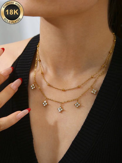 1PC Vintage Ins Fresh Exquisite Jewelry for Women,Stainless Steel Necklace or Bracelet Inlaid Lucky Flower Zircon & Spacer Beads