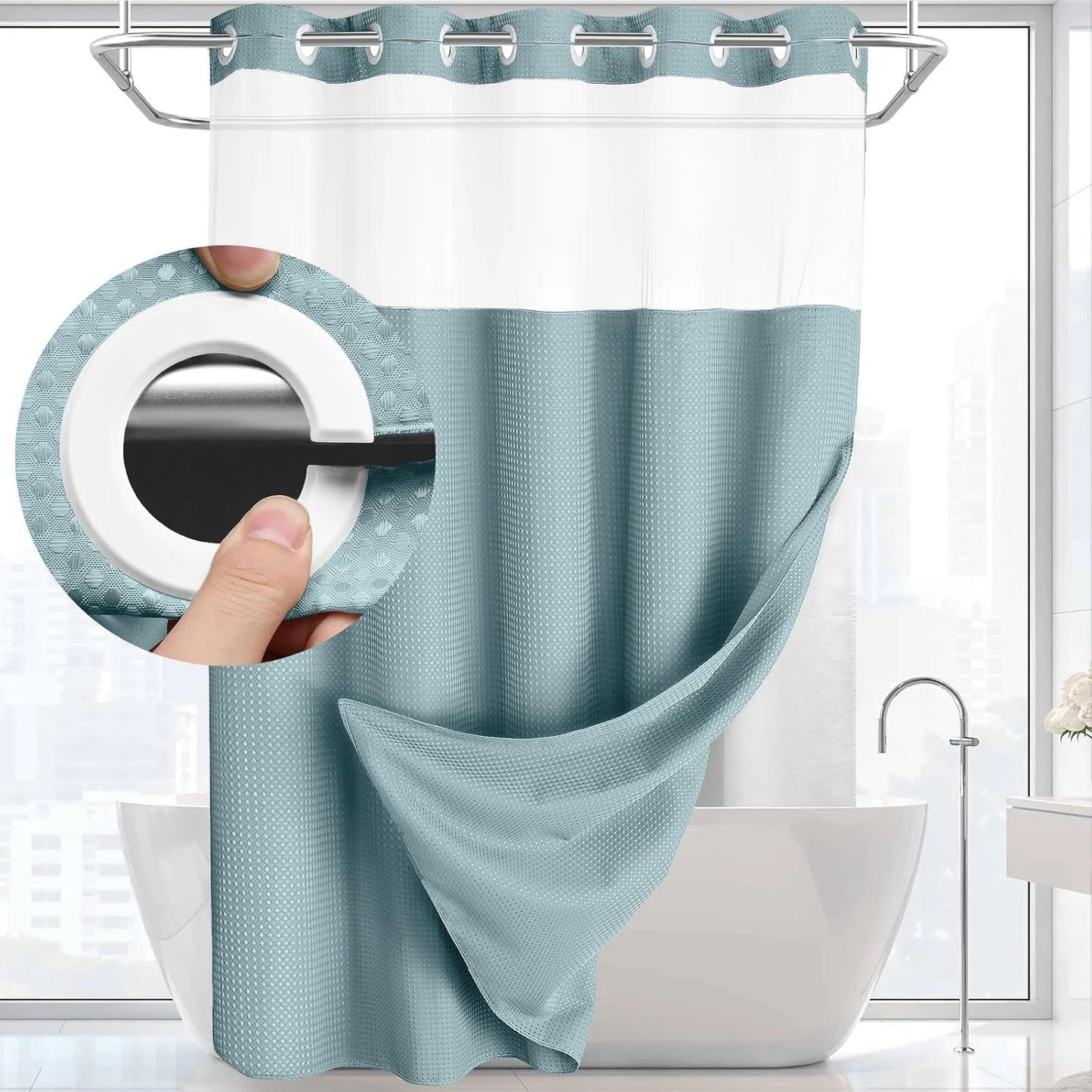 1PC Hookless Waffle Check Shower Curtain Hotel Grade Double Layer Waterproof Bathroom Shower Curtain Easy to Install 10 Colors