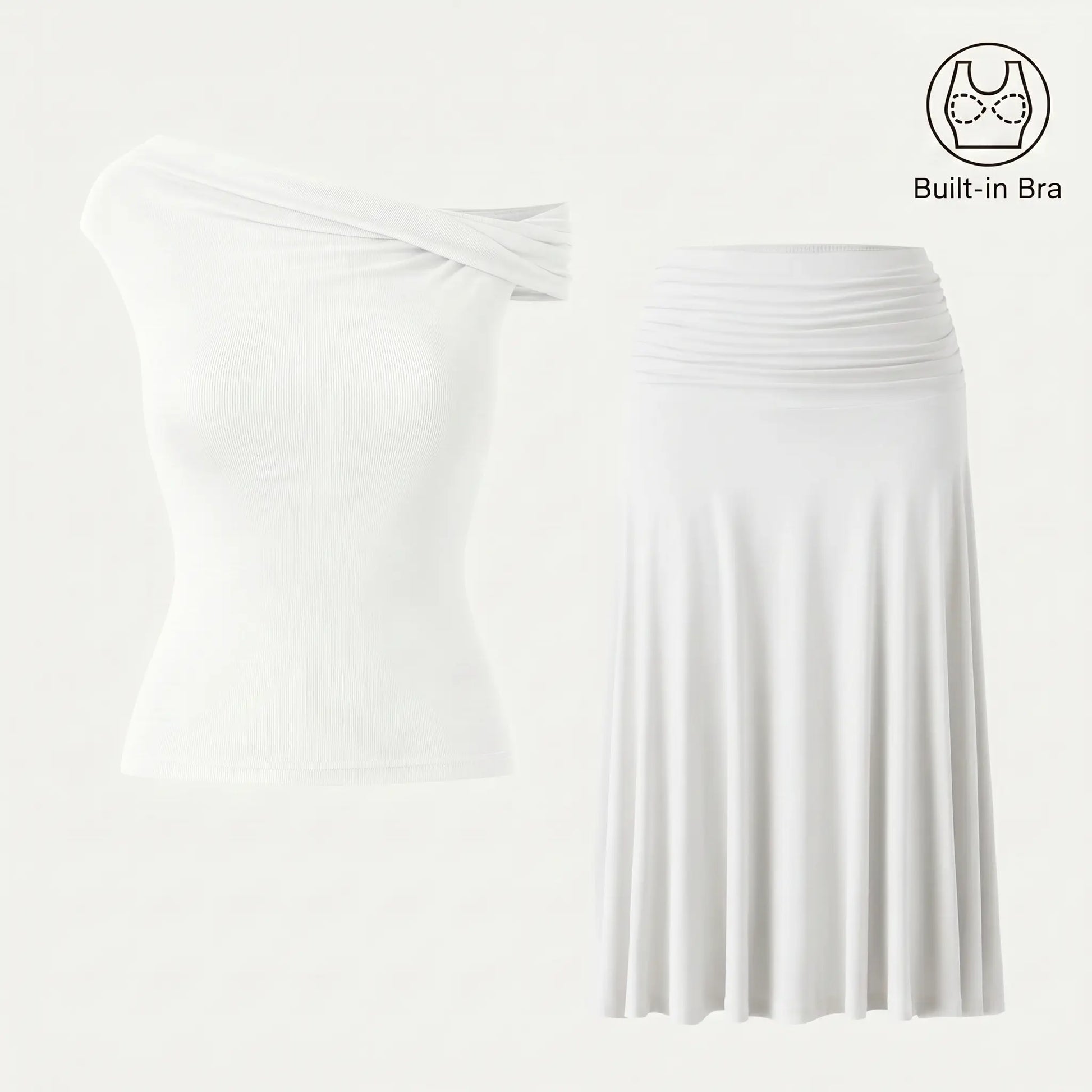OGL Women'S 2-Piece Matching Skirt Set - Multi-Wear Versatile Neckline Brami Top with Built-In Bra, Flowy Side Ruched A-Line Midi Skirt, Skinkiss Fabric for Summer, Cute 2-Piece Sets for Women'S Clothes Trendy Fashion Style Trendy Look Fashionnova