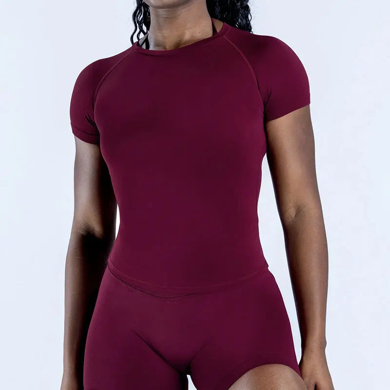 3Df-Women Yoga Set Seamless Short Sleeve Sports Top High Waist Biker Shorts Fitness Gym Workout Activewear Set