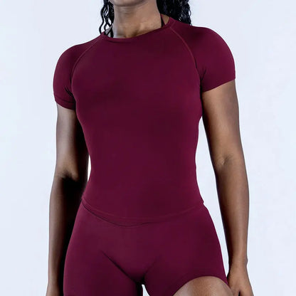 3Df-Women Yoga Set Seamless Short Sleeve Sports Top High Waist Biker Shorts Fitness Gym Workout Activewear Set