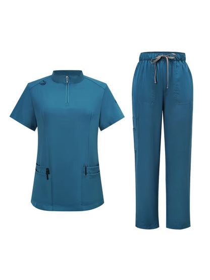 Mens Stand Collar Zip Front Scrub Set Workwear Straight Leg Pants Casual Gym Fitness Uniform Suit
