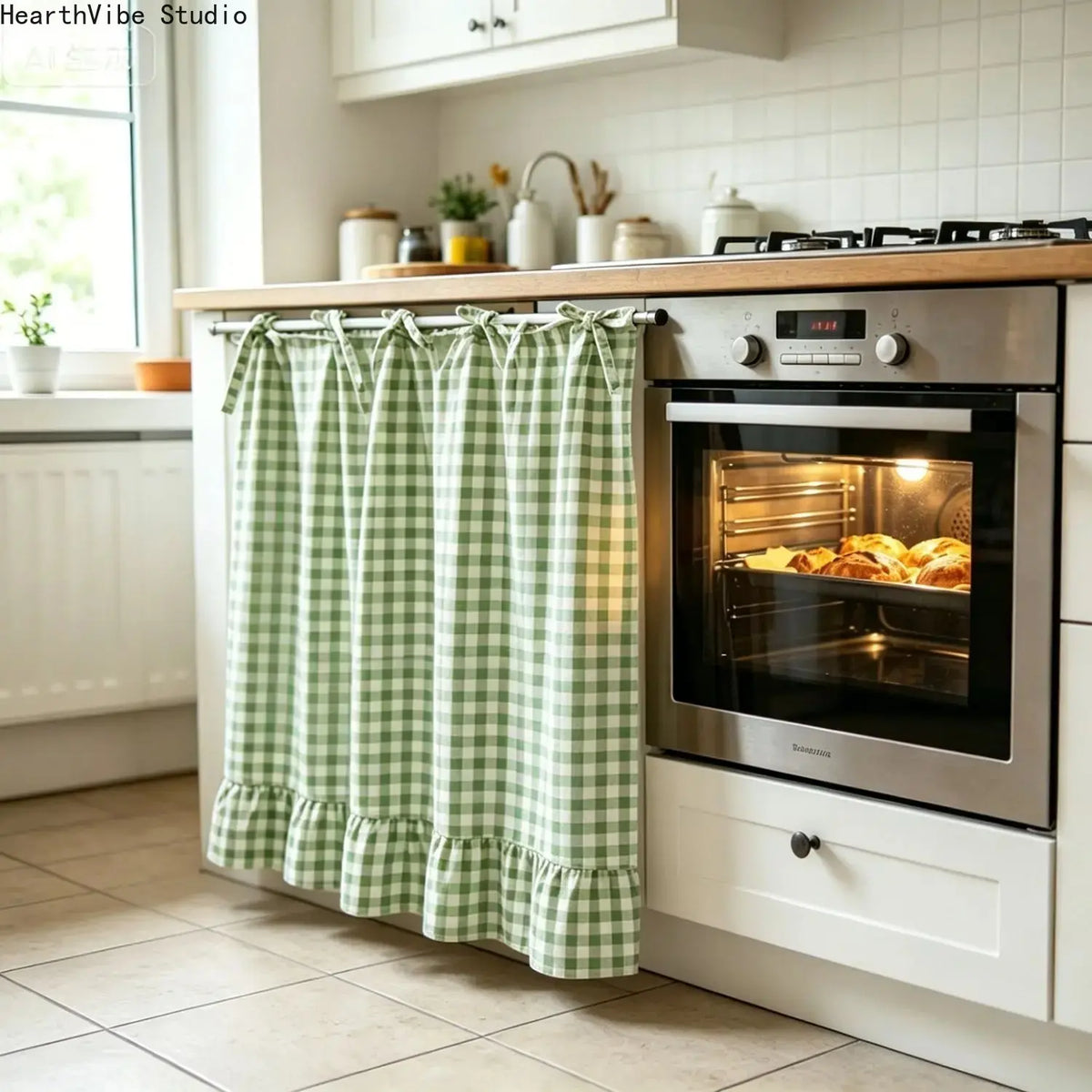【Summerwins】2026 Farmhouse-Style Stove Curtain, Gingham Grid Ruffle-Edge Tier Curtains, Rural Short Window Valance, Home Kitchen Dust Cover, Plaid Floral Window Treatments, Aesthetic House Decor, Unique Room Decor