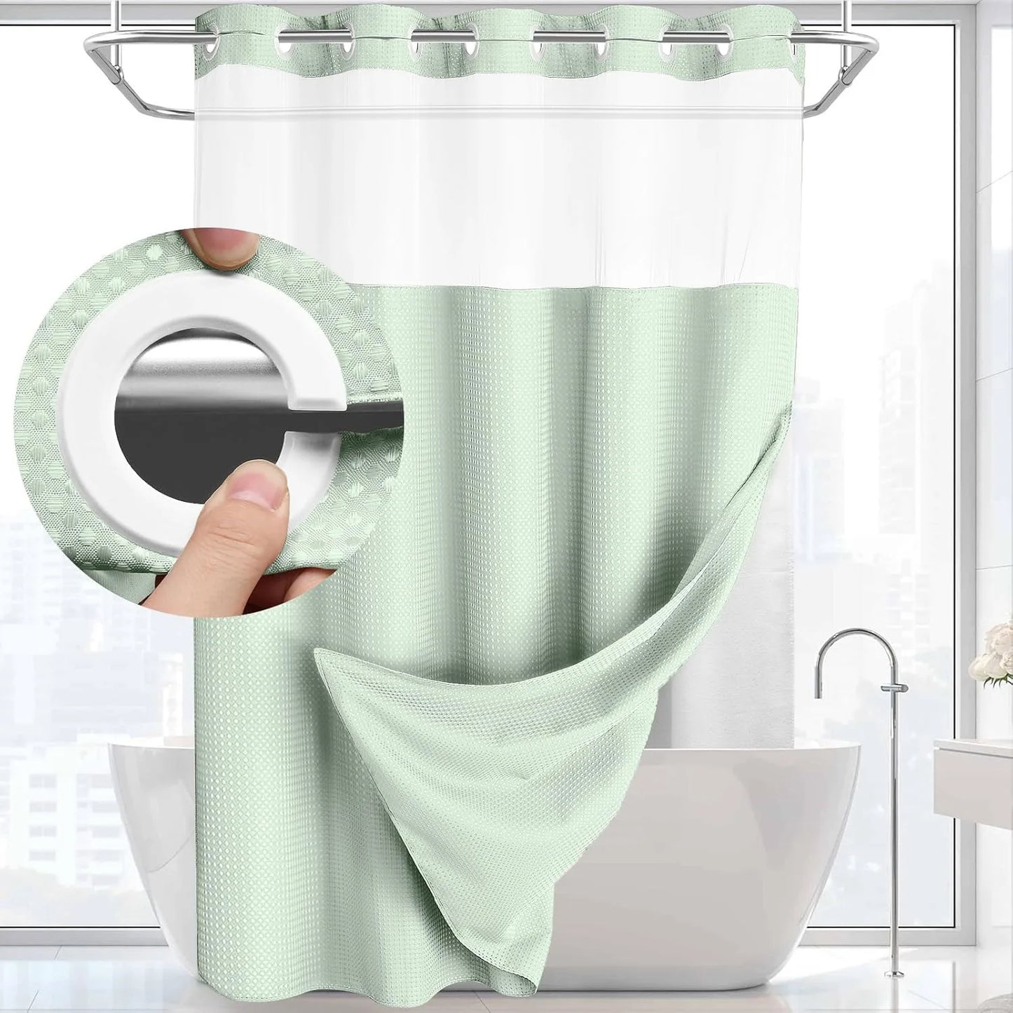 1PC Hookless Waffle Check Shower Curtain Hotel Grade Double Layer Waterproof Bathroom Shower Curtain Easy to Install 10 Colors