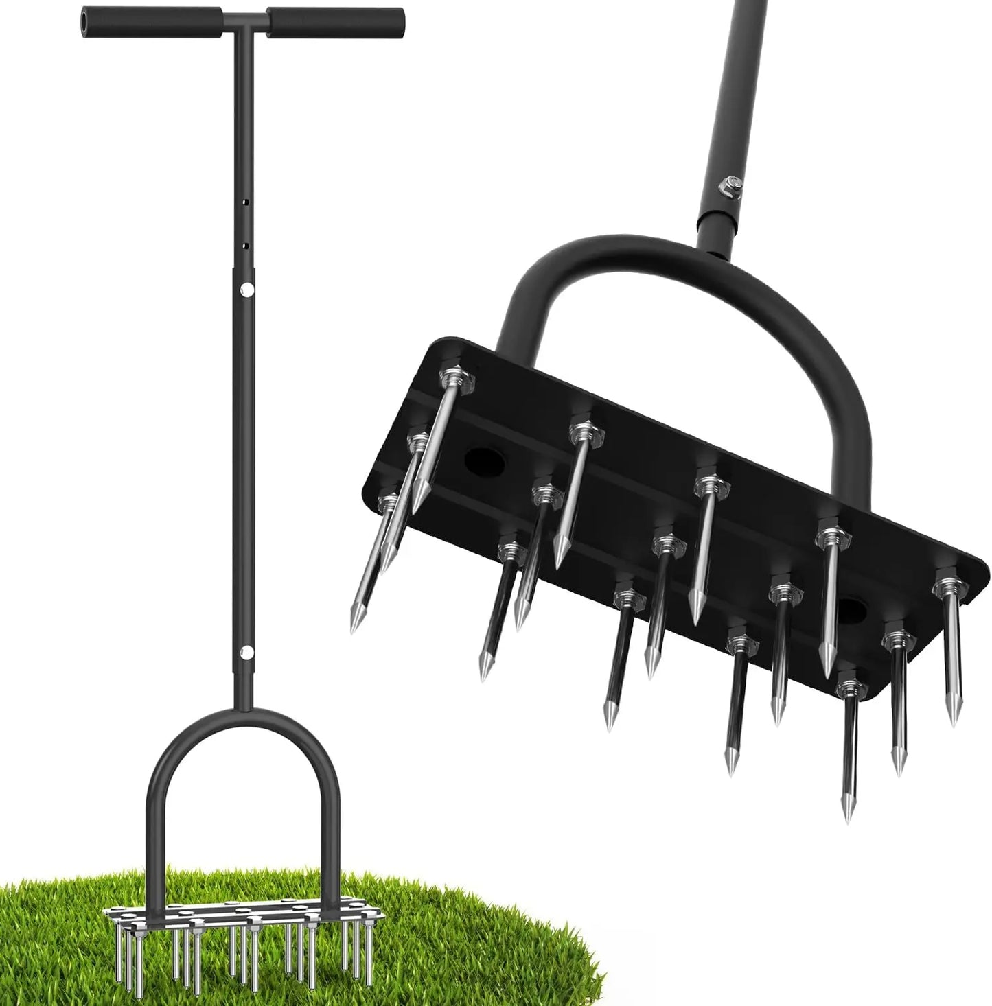 Lawn Aerator, Automatic Dirt and Leaf Clean Design, Heavy Duty Manual Lawn Aerator Tool with 15 Iron Spikes
