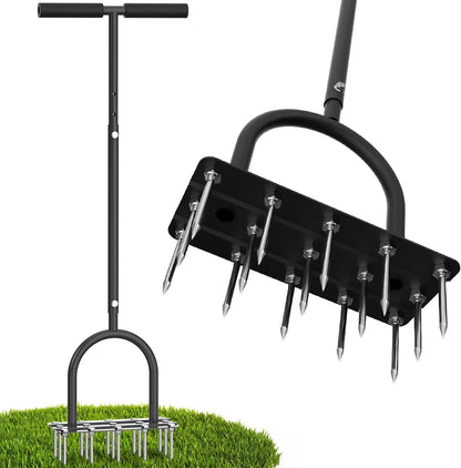 Lawn Aerator, Automatic Dirt and Leaf Clean Design, Heavy Duty Manual Lawn Aerator Tool with 15 Iron Spikes
