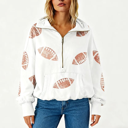 2025 Women Hooded Sweatshirt Rugby Print Half Zipper Hoodie Long Sleeve Hooded Sequined Rugby Loose Sweatshirt Pullover Tops