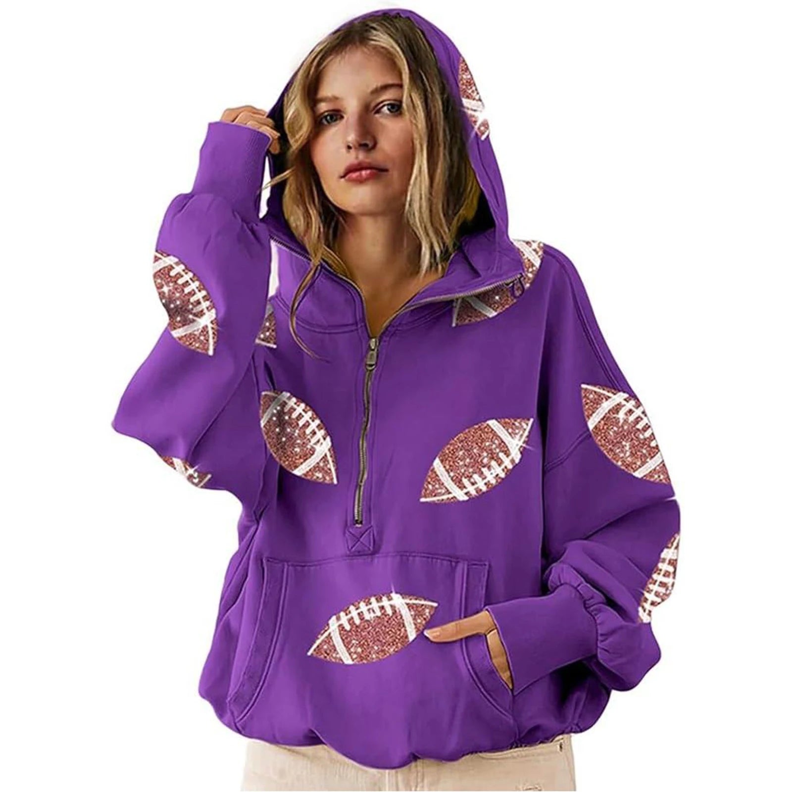 2025 Women Hooded Sweatshirt Rugby Print Half Zipper Hoodie Long Sleeve Hooded Sequined Rugby Loose Sweatshirt Pullover Tops