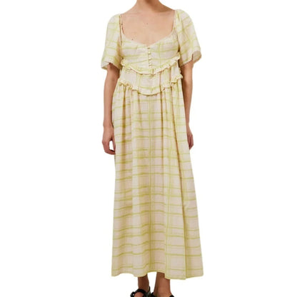 Vacation Dresses Women Y2K Clothes Solid/Plaid Print Low Cut Short Sleeve Swing Loose Long Dress Ladies Party Dresses