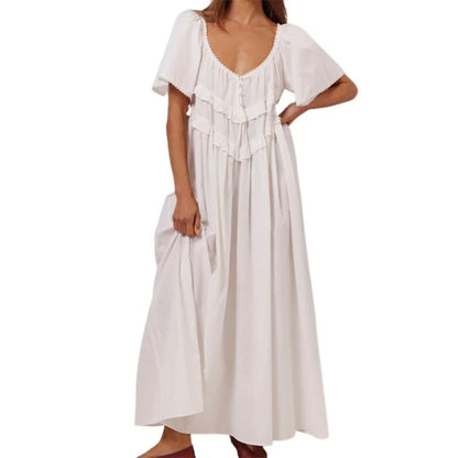 Vacation Dresses Women Y2K Clothes Solid/Plaid Print Low Cut Short Sleeve Swing Loose Long Dress Ladies Party Dresses