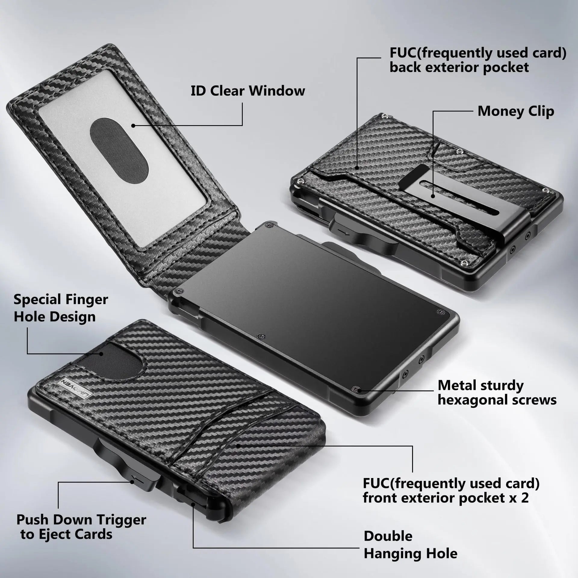 RFID Blocking Pop up Card Holder Wallet for Men Carbon Fiber Texture PU Leather Aluminum Slim Money Clip ID Window