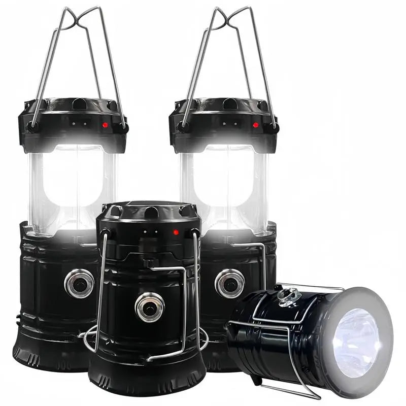 4-Pack Foldable Compact LED Lanterns - Durable, Waterproof, Solar-Usb Rechargeable, Solar Powered, Brightness Adjustable, Heat/Freeze Ready, Batteries-Included Emergency Lights with Flashlight Mode, Carries in Small Bags, for Home Power Outages, Hiking, F