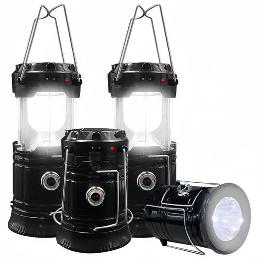 4-Pack Foldable Compact LED Lanterns - Durable, Waterproof, Solar-Usb Rechargeable, Solar Powered, Brightness Adjustable, Heat/Freeze Ready, Batteries-Included Emergency Lights with Flashlight Mode, Carries in Small Bags, for Home Power Outages, Hiking, F