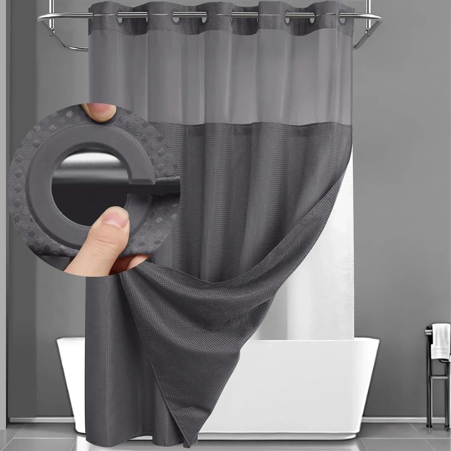 1PC Hookless Waffle Check Shower Curtain Hotel Grade Double Layer Waterproof Bathroom Shower Curtain Easy to Install 10 Colors