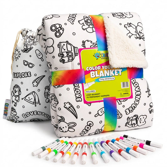 Craftikit Kids Coloring Sherpa Blanket - 60" by 40" Comfy and Cozy Fluffy Lightweight Blanket, Travel Animals Animal Fun Design, Fabric Markers, Travel Tote Bag, Custom Option, Kid-Made Sleepover Buddy Birthday Gift, Cozy Warm Blanket, Soft Blankets