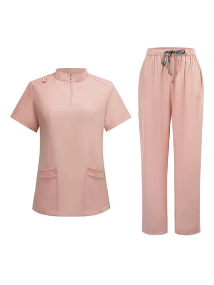 Mens Stand Collar Zip Front Scrub Set Workwear Straight Leg Pants Casual Gym Fitness Uniform Suit