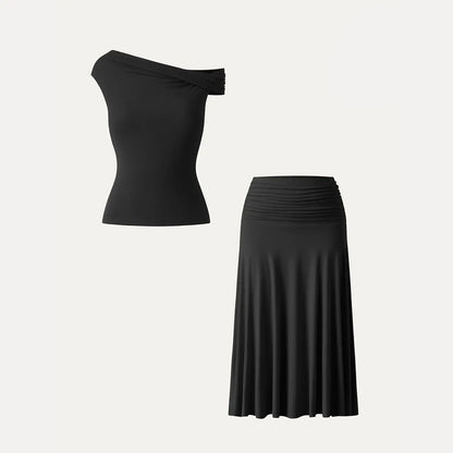 OGL Women'S 2-Piece Matching Skirt Set - Multi-Wear Versatile Neckline Brami Top with Built-In Bra, Flowy Side Ruched A-Line Midi Skirt, Skinkiss Fabric for Summer, Cute 2-Piece Sets for Women'S Clothes Trendy Fashion Style Trendy Look Fashionnova