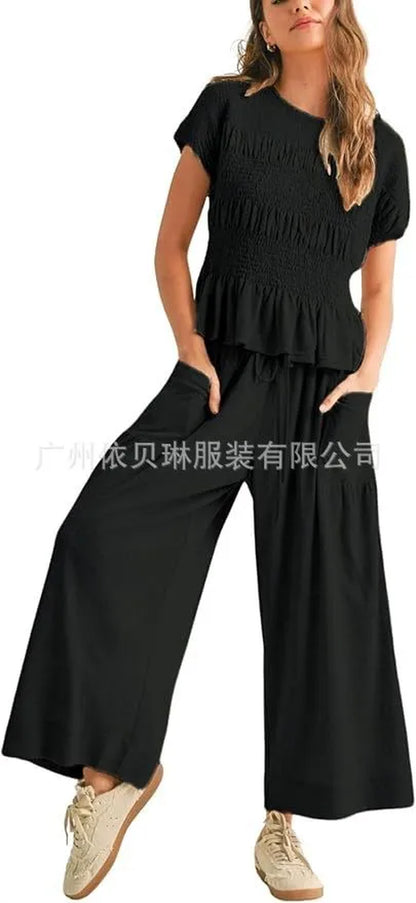 2 Pieces Set for Woman Cotton Pants Solid Long Trousers Two Piece Set Wide Leg Harem Pants Drawstring Casual Pants Blue Womens