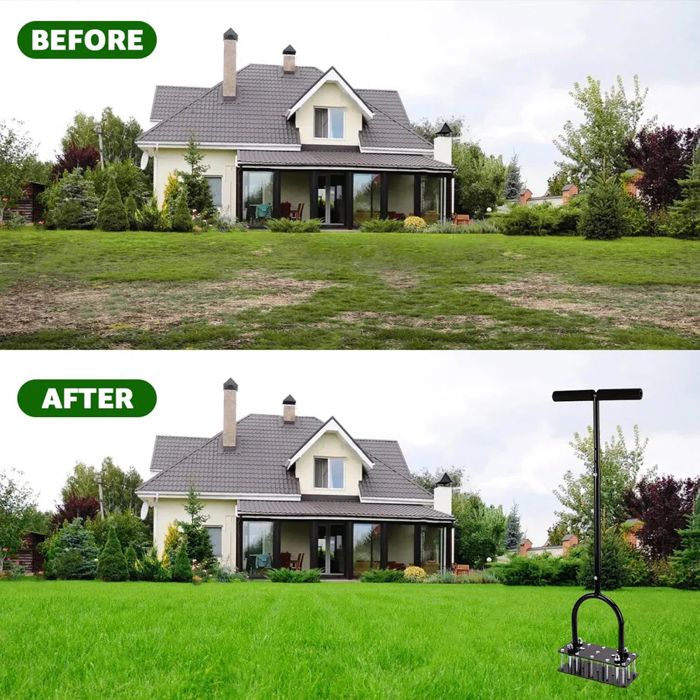 Lawn Aerator, Automatic Dirt and Leaf Clean Design, Heavy Duty Manual Lawn Aerator Tool with 15 Iron Spikes