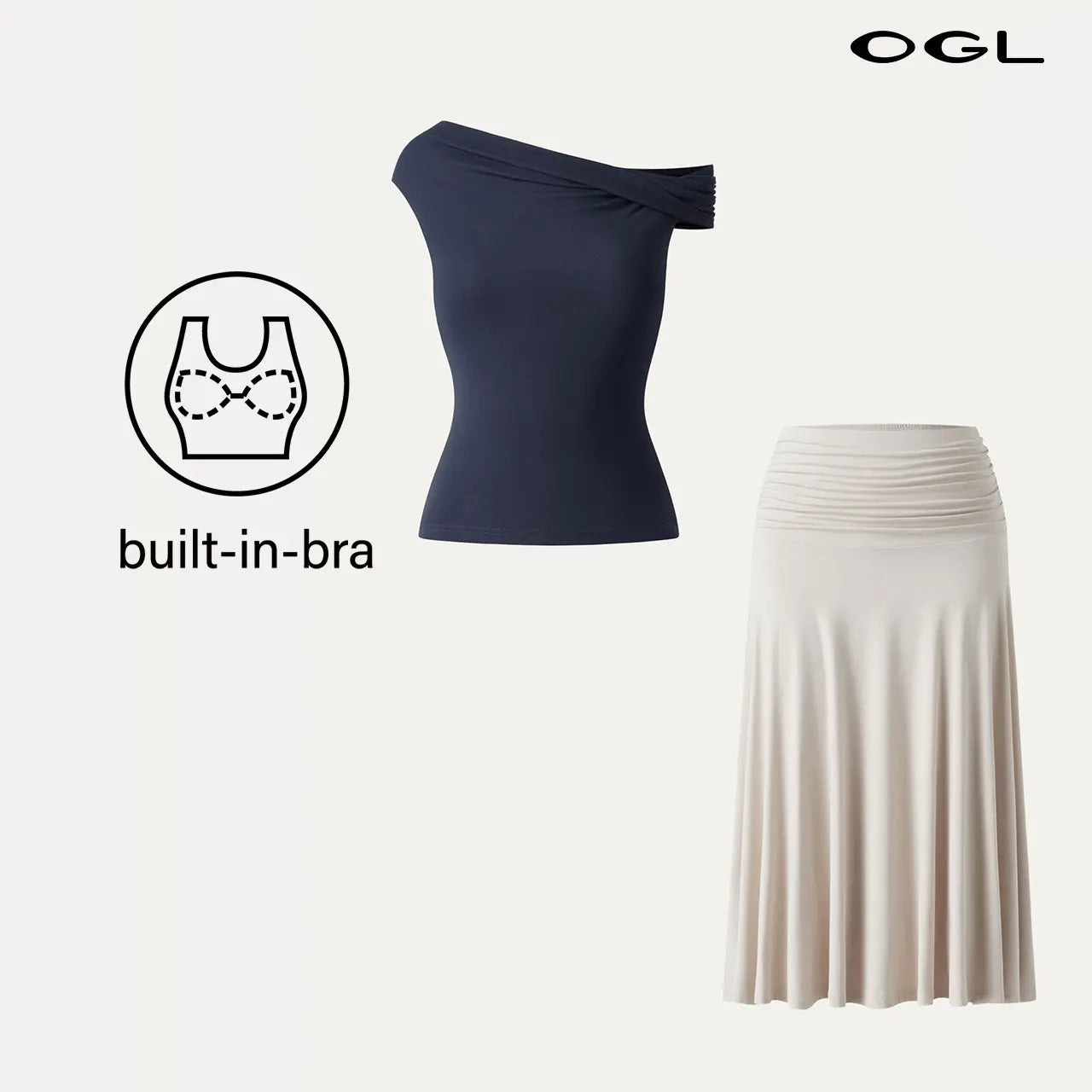 OGL Women'S 2-Piece Matching Skirt Set - Multi-Wear Versatile Neckline Brami Top with Built-In Bra, Flowy Side Ruched A-Line Midi Skirt, Skinkiss Fabric for Summer, Cute 2-Piece Sets for Women'S Clothes Trendy Fashion Style Trendy Look Fashionnova