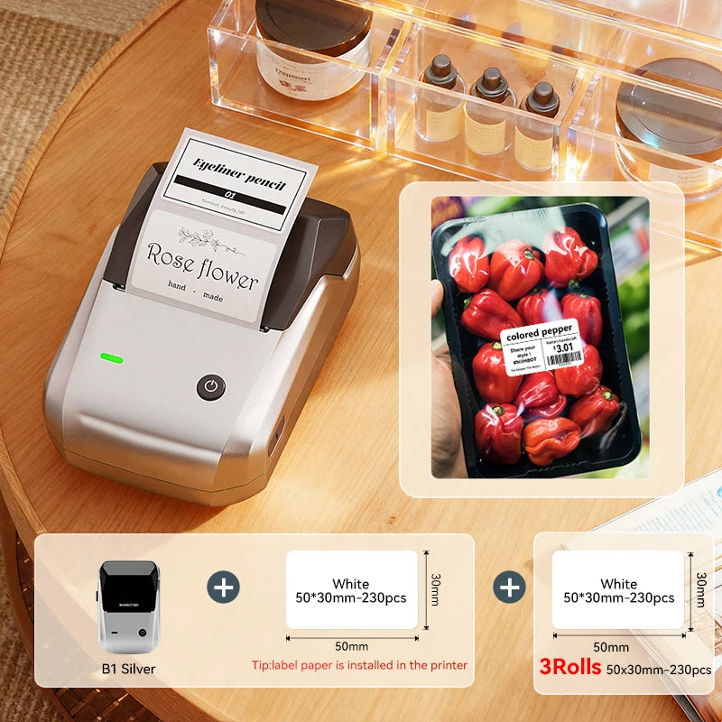 B1 Portable Thermal Printer with Tapes 2 Inch Adhesive Label Printer Mini Bluetooth Sticker Maker Support Smartphones PC