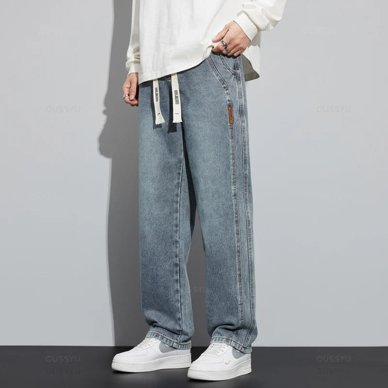 Brand Clothing New Design Cotton Jeans Men Baggy Elastic Waist Cargo Denim Pants Work Wide Leg Korean Trousers Male 4XL