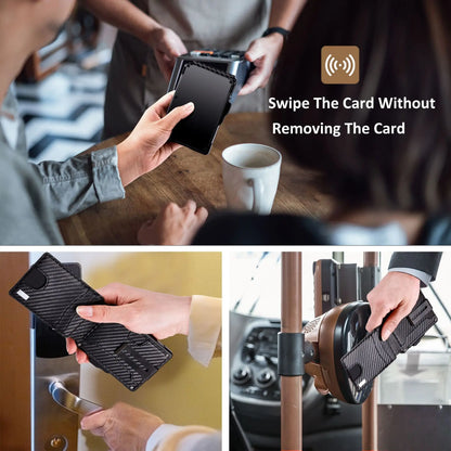 RFID Blocking Pop up Card Holder Wallet for Men Carbon Fiber Texture PU Leather Aluminum Slim Money Clip ID Window