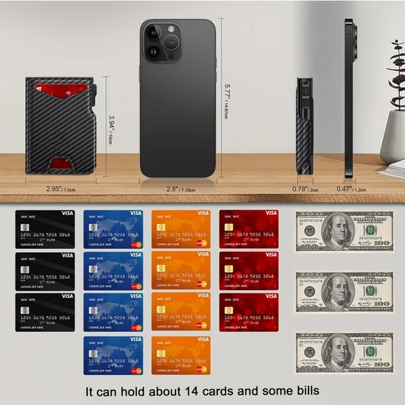 Men'S Black PU Leather Wallet Slim Bifold Magnetic Closure RFID Blocking Wallet with Pop up Metal Card Holder with Cash Strap