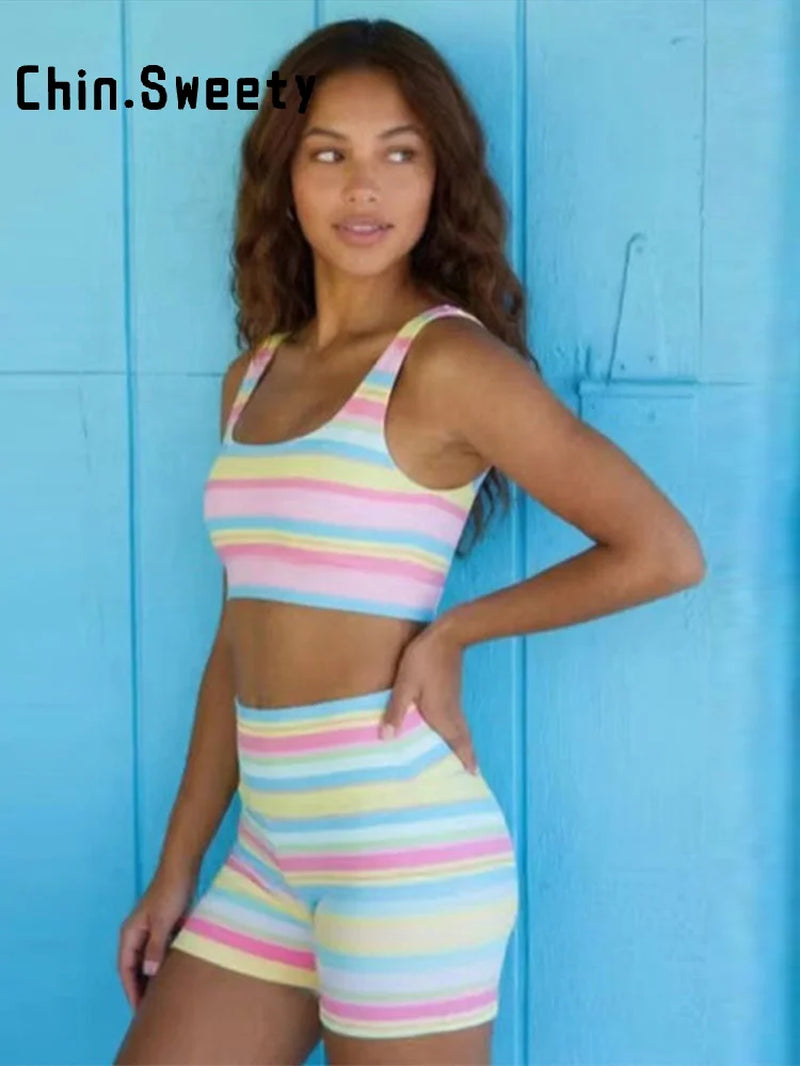 Casual Rainbow Striped Vest Women Shorts Set Slim Sleeveless Backless Square Neck Crop Top High Waist Short Pant 2026 Lady Suit