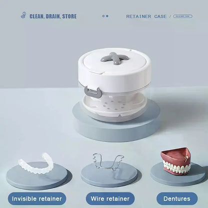 Portable 2 in 1 Multi-Layer Denture Retainer Case with Clip-On Cap Cleaning Storage Box with Cleaning Brush No-Leak Oral Box