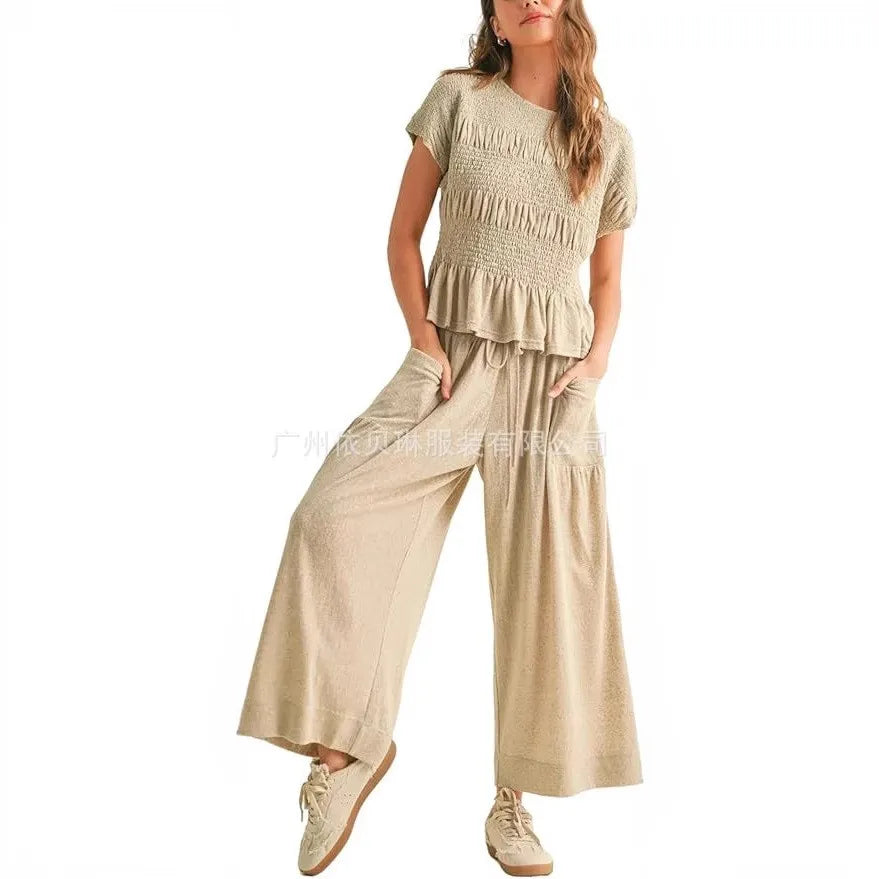 2 Pieces Set for Woman Cotton Pants Solid Long Trousers Two Piece Set Wide Leg Harem Pants Drawstring Casual Pants Blue Womens