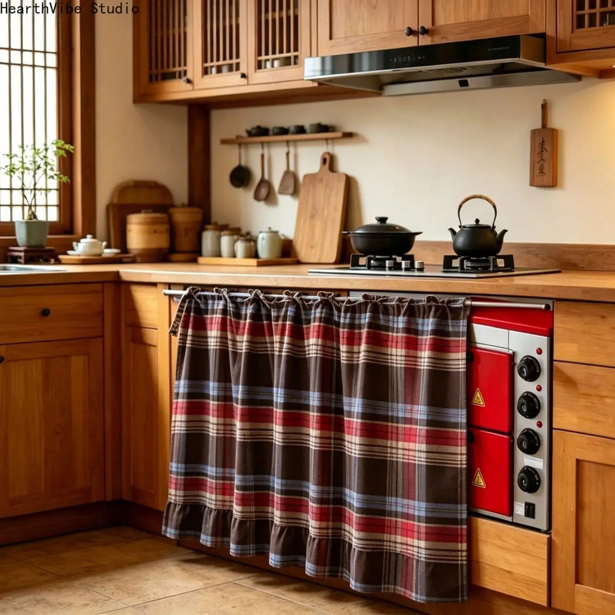 【Summerwins】2026 Farmhouse-Style Stove Curtain, Gingham Grid Ruffle-Edge Tier Curtains, Rural Short Window Valance, Home Kitchen Dust Cover, Plaid Floral Window Treatments, Aesthetic House Decor, Unique Room Decor