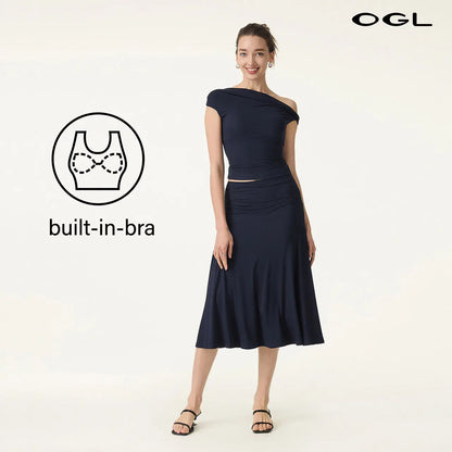 OGL Women'S 2-Piece Matching Skirt Set - Multi-Wear Versatile Neckline Brami Top with Built-In Bra, Flowy Side Ruched A-Line Midi Skirt, Skinkiss Fabric for Summer, Cute 2-Piece Sets for Women'S Clothes Trendy Fashion Style Trendy Look Fashionnova